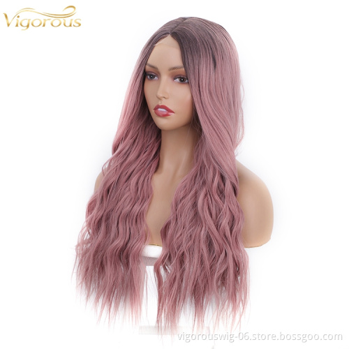 Body Wave Hair Wigs Long Synthetic Lace Ombre Grey Pink Wigs Women Middle Part Silky Full Heat Resistant Natural Looking wig